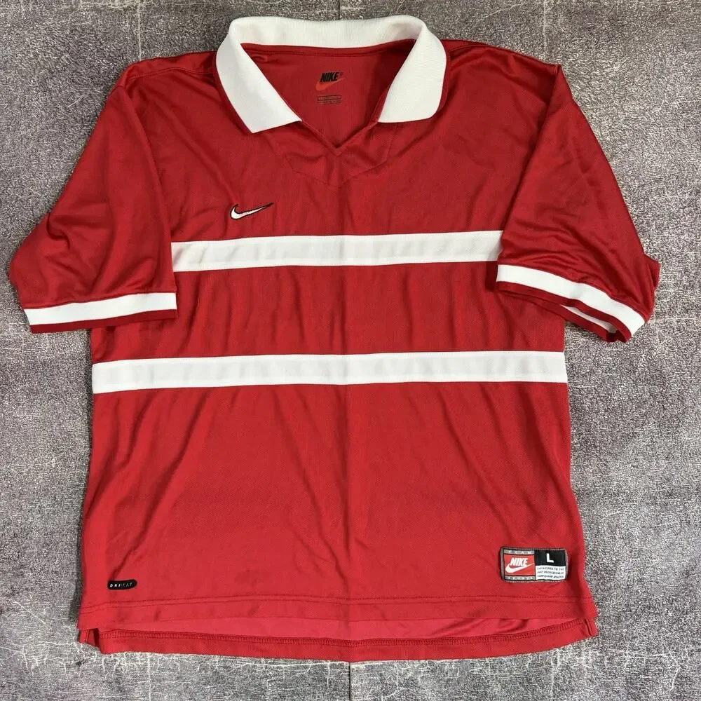 Men's Vintage 90's Nike Team Red White Striped Collared Soccer Jersey Kit Sz L